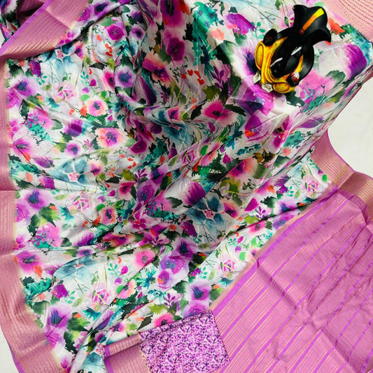 Affordable Pink Digital Print Saree Silk Finish | Premium Collection