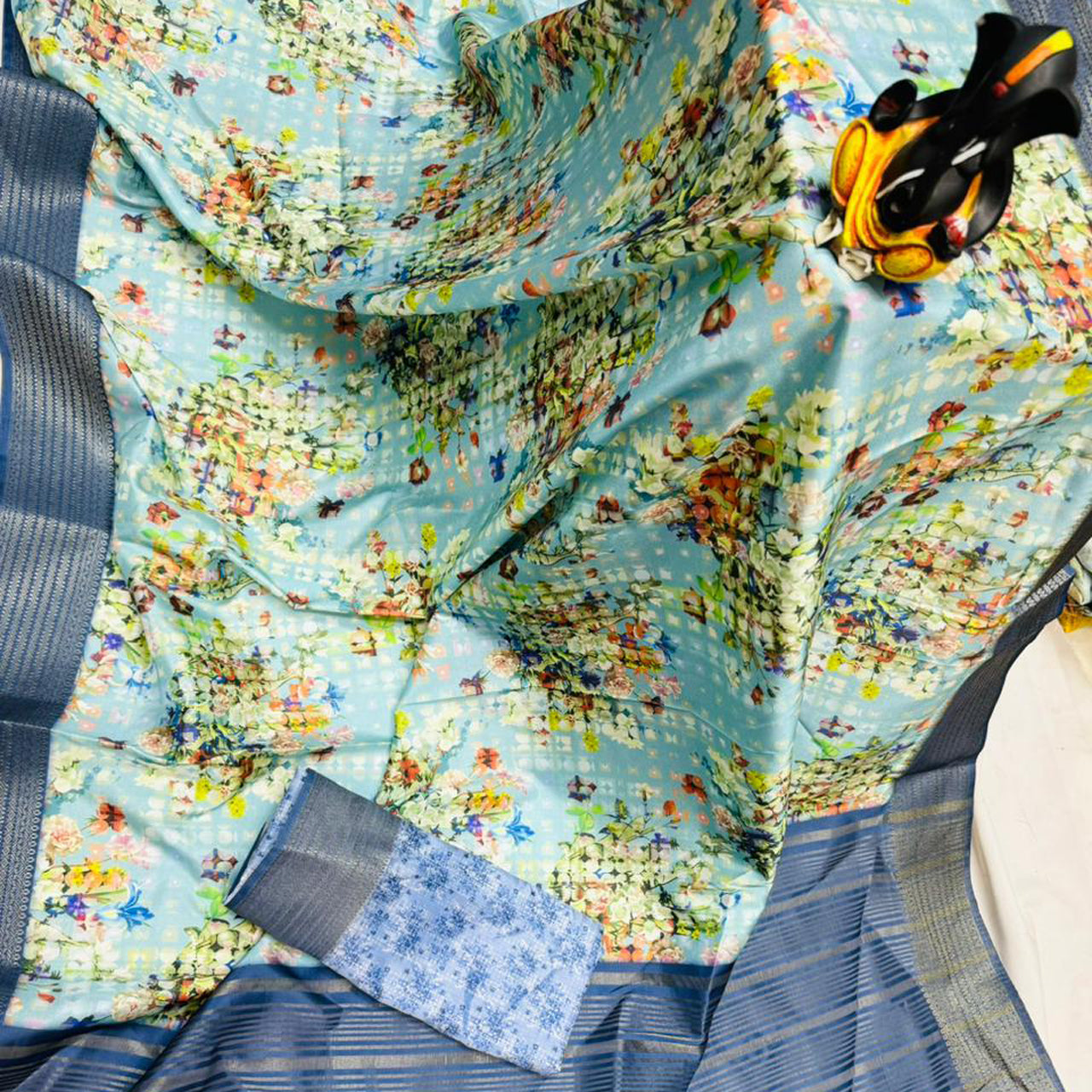 Smooth Butter Silk Printed Saree Blue Ethnic Design | Premium Collection
