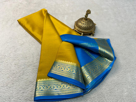 Rich Plain Yellow Mysore Silk Saree With Antique Zari Border | Premium Collection