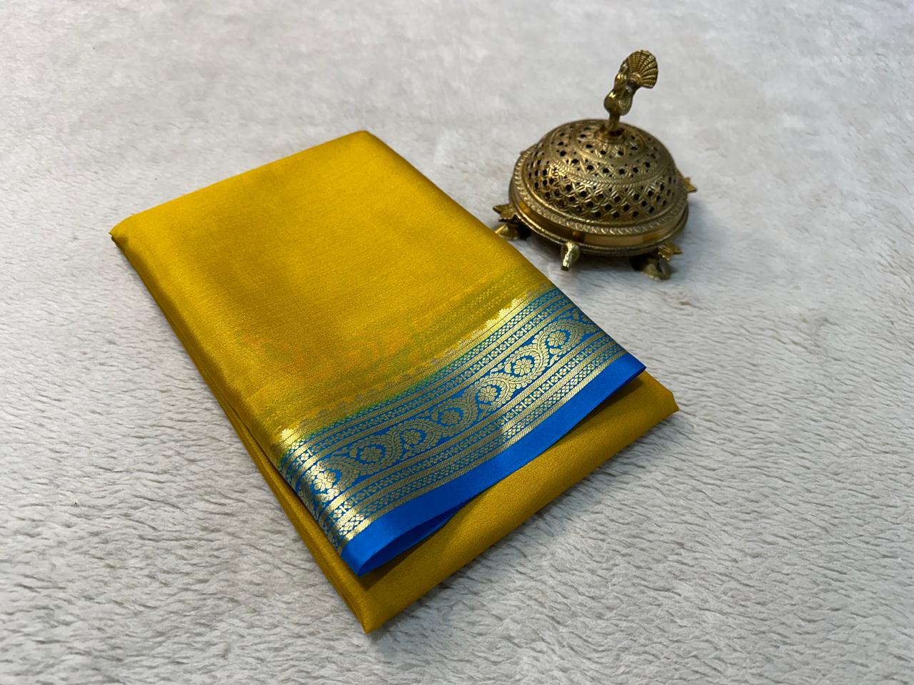 Rich Plain Yellow Mysore Silk Saree With Antique Zari Border | Premium Collection