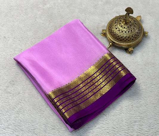 Solid Pink Mysore Silk Saree With Gold Zari Border | Premium Collection