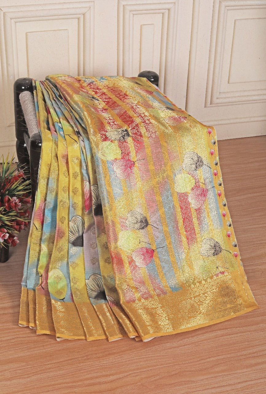 Alluring Yellow Soft Silk Saree With Modern Digital Work | Premium Collection