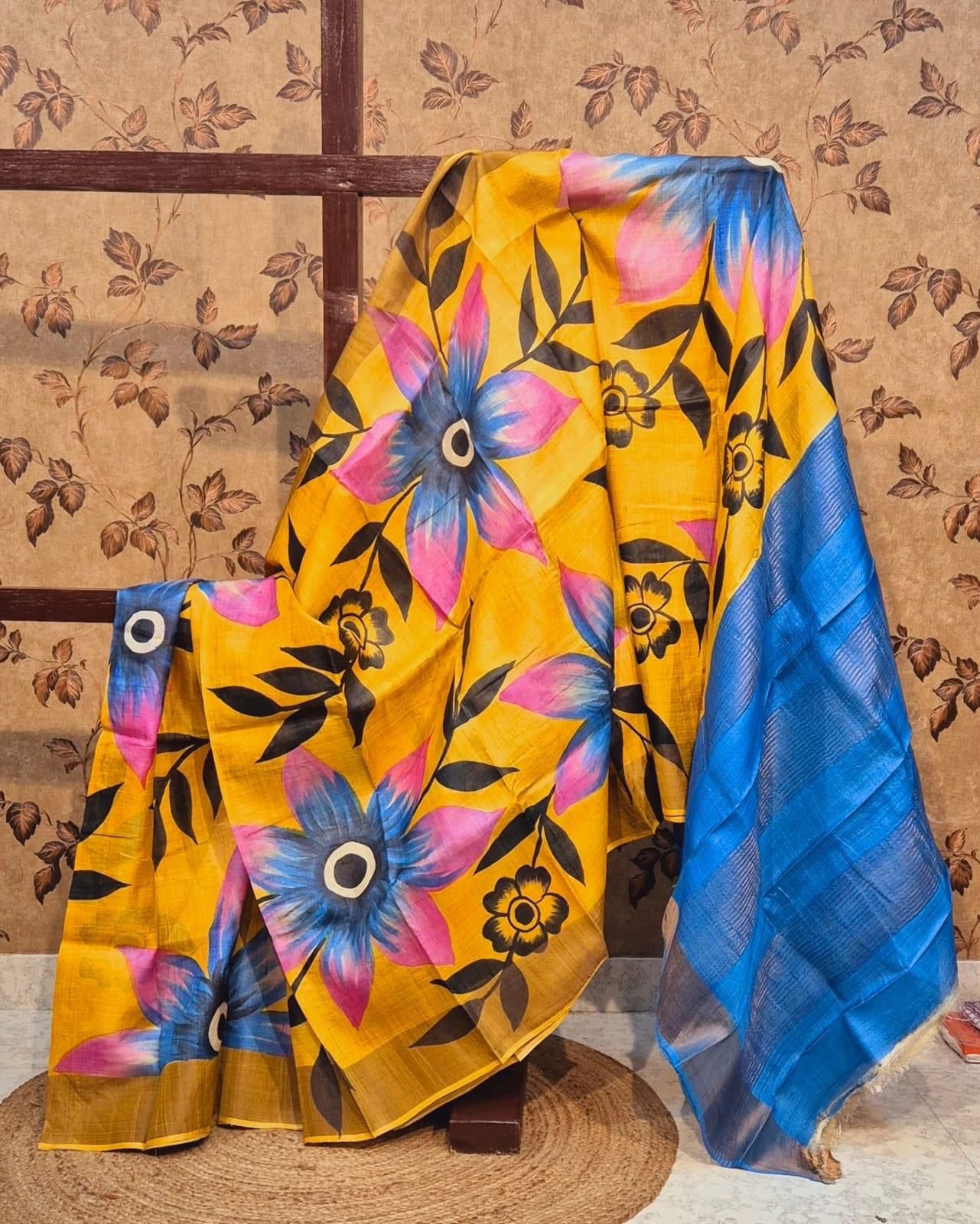 Traditional Yellow Kanchipuram Tussar Silk Saree Printed And Handwoven | Premium Collection