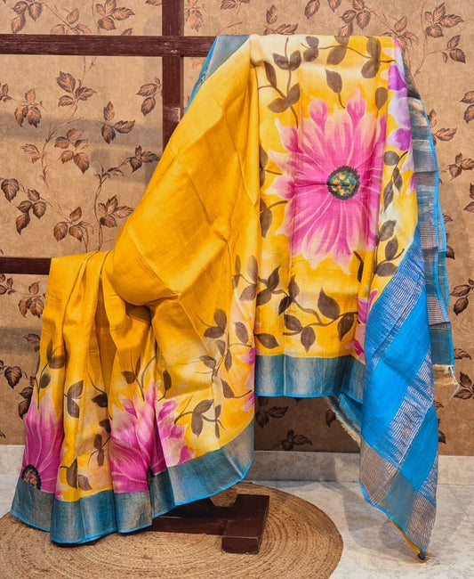 Elegant Yellow Tussar Kanchi Pallu Saree Handloom And Printed | Premium Collection