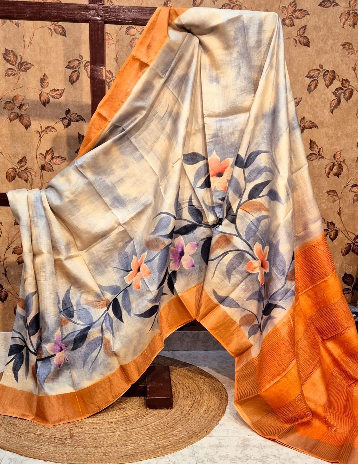 Authentic Handloom Tussar Silk Saree In Orange With Kanchi Pallu Print | Premium Collection