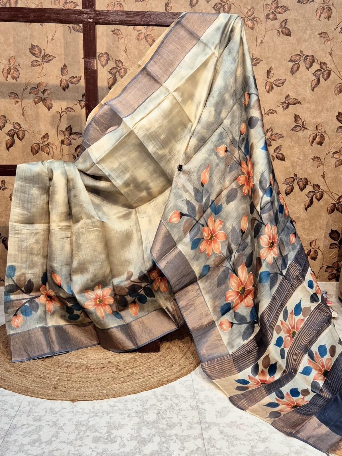 Traditional Printed Tussar Saree With Kanchi Pallu Grey Handloom Pick | Premium Collection