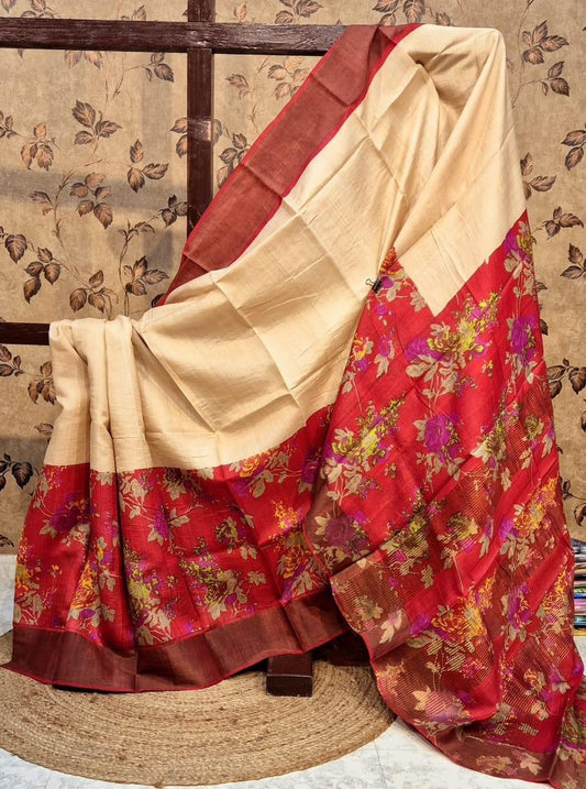 Cream Tussar Handloom Saree Rich Kanchi Pallu And Block Print | Premium Collection