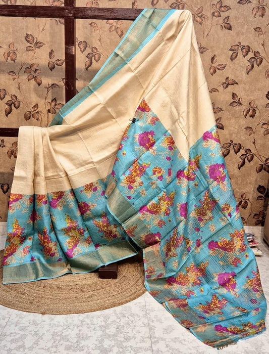 Sleek Cream Kanchi Pallu Tussar Saree Artisan Handloom Silk | Premium Collection