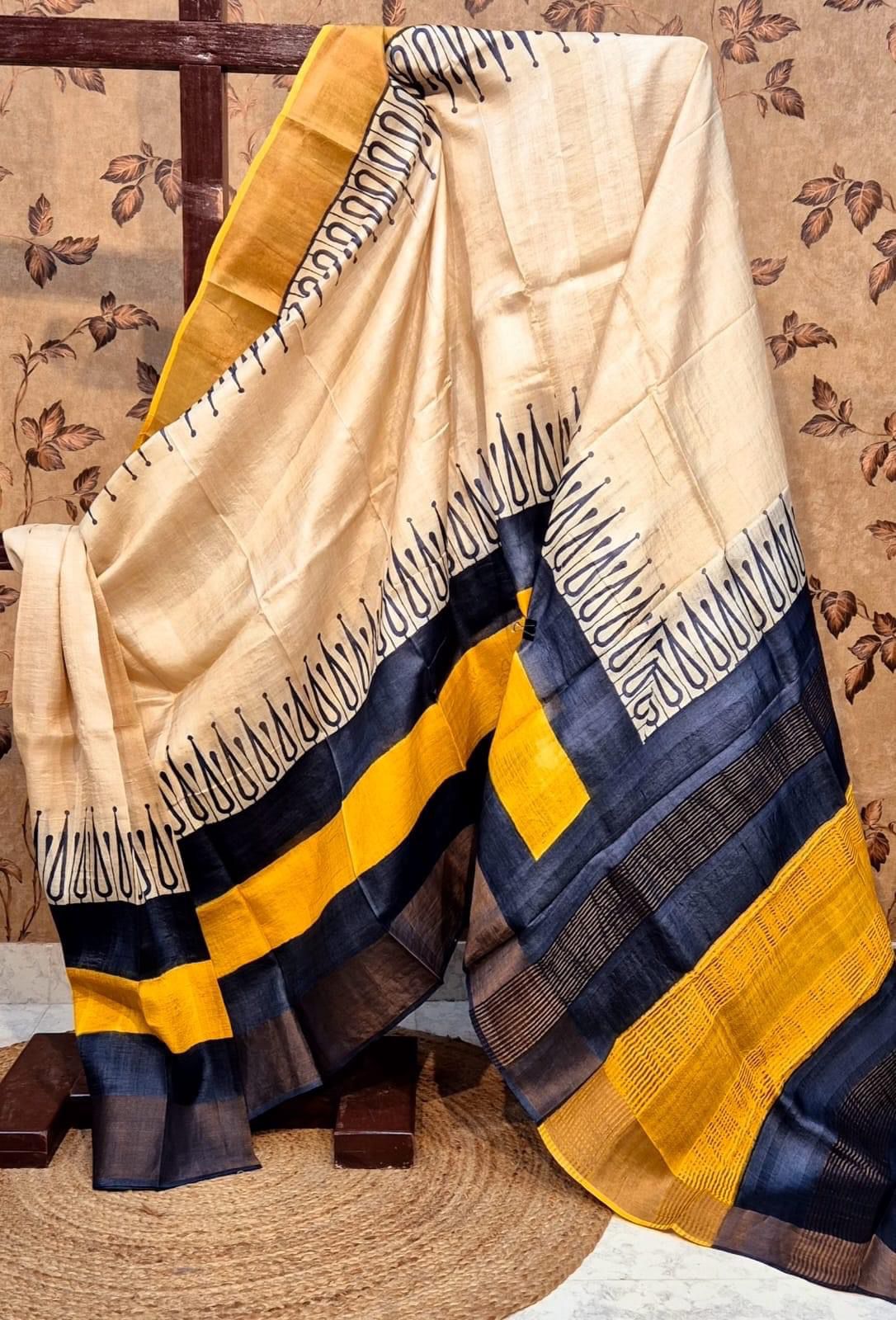 Cream Woven Tussar Silk Saree Heritage Kanchi Pallu And Prints | Premium Collection