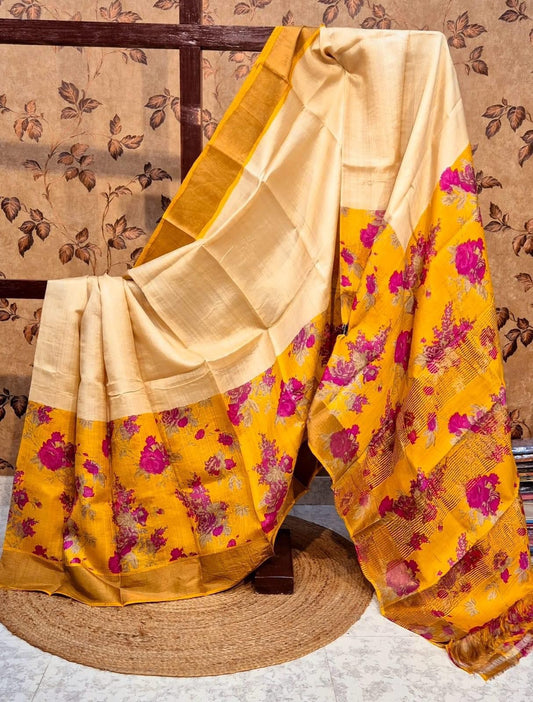 Artisan Printed Saree In Cream Tussar Silk With Kanchi Pallu | Premium Collection