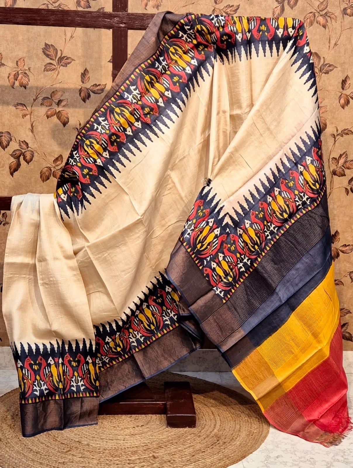 Luxury Cream Handloom Saree Tussar Silk With Kanchi Inspired Pallu | Premium Collection