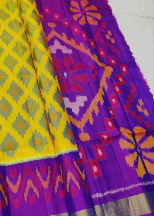Two colorful patterned fabrics, one yellow and green, the other purple and orange, on a white background.