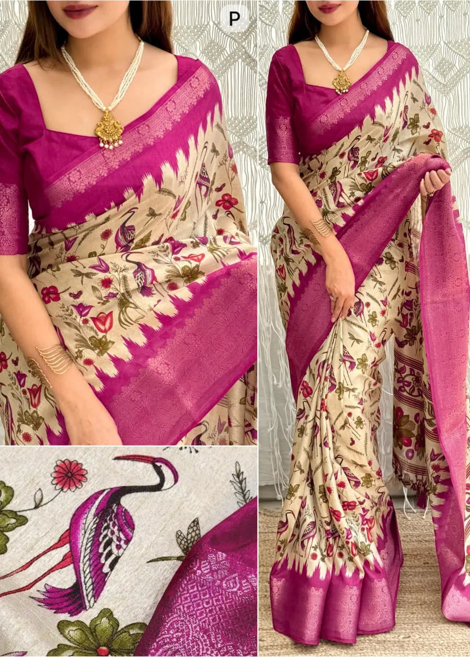Woman wearing a pink and beige saree with floral patterns, holding the saree.