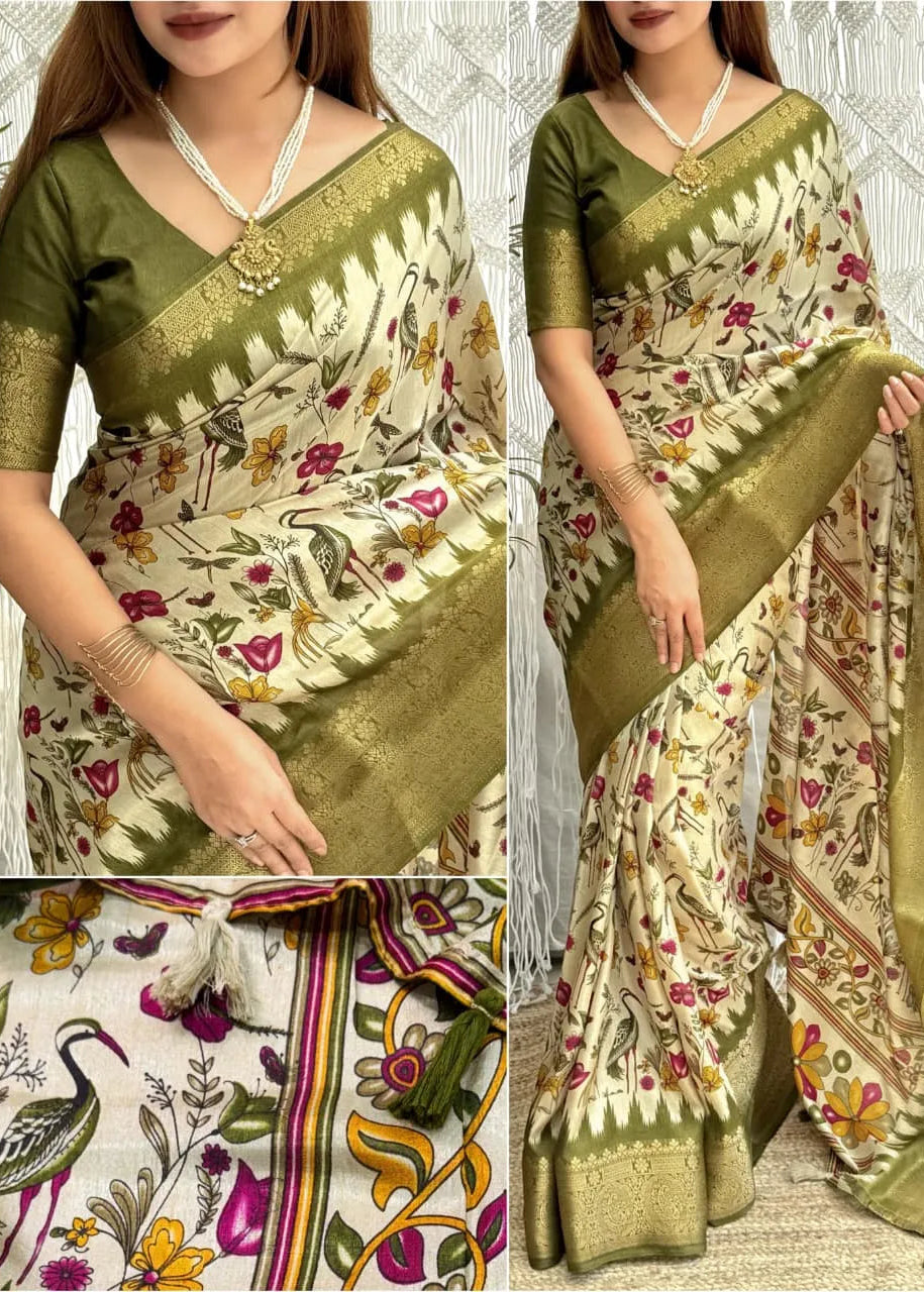 Woman wearing a floral saree with green border, close-up details shown.