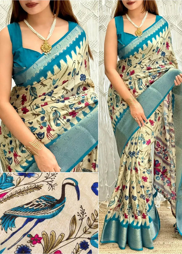 Woman wearing a floral saree with blue border, close-up and full view.