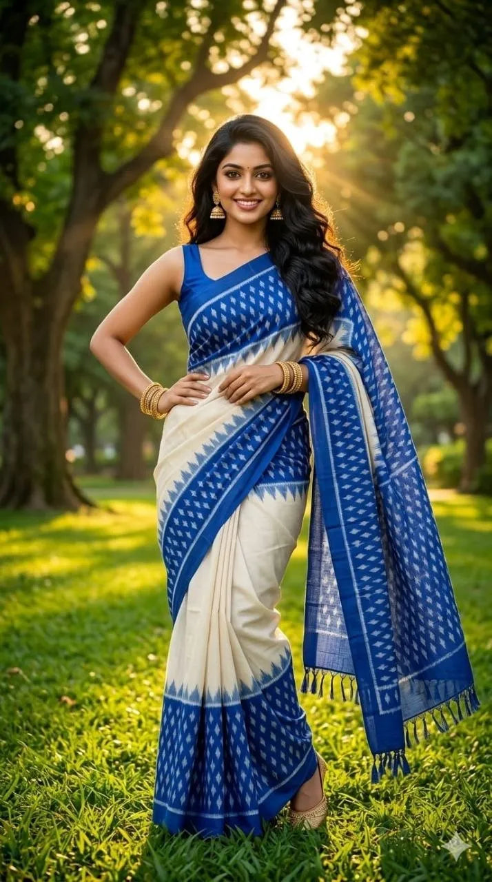 Pochampally Ikkat Pure Mercerized Cotton Saree – Double Ikat Weave