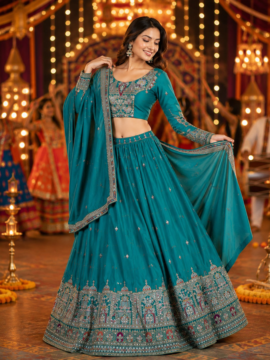 Premium Teal embellished Sequinned Lehenga With Blouse & Dupatta