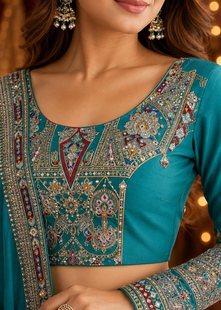 Premium Teal embellished Sequinned Lehenga With Blouse & Dupatta