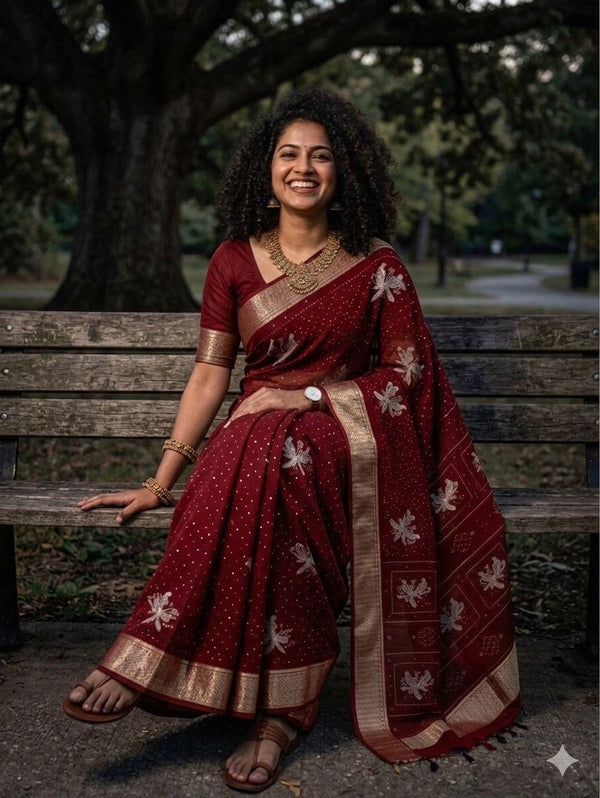 Banarasi Silk Saree in Maroon Red with Zari Buti Weave – Sanskriti Saree