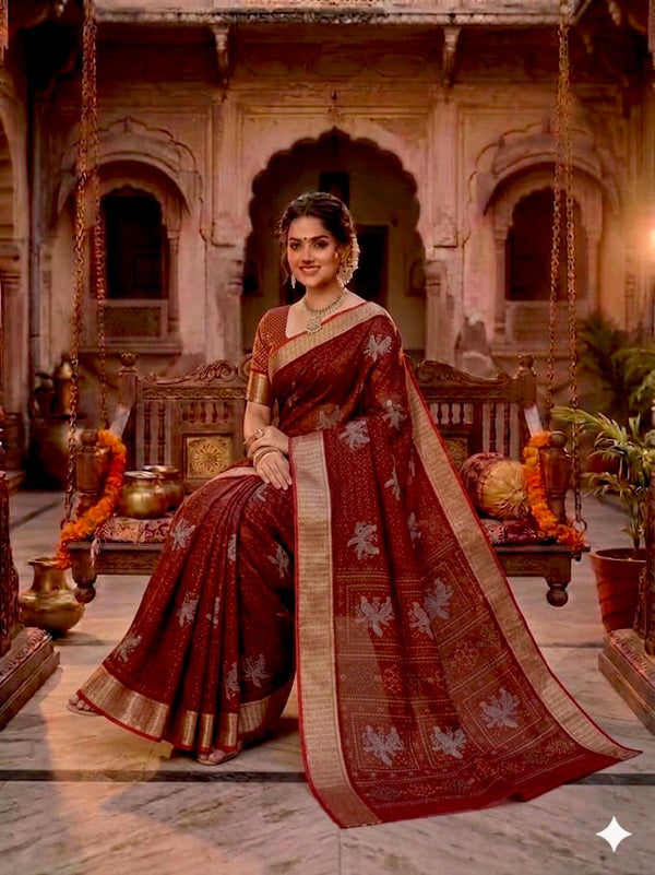 Banarasi Silk Saree in Maroon Red with Zari Buti Weave – Sanskriti Saree