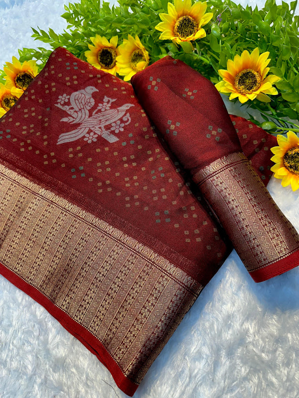 Banarasi Silk Saree in Maroon Red with Zari Buti Weave – Sanskriti Saree