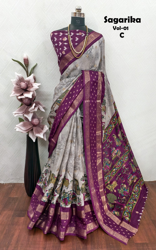 Dola Mash Mellow Green Silk Saree with Contrast Zari Jacquard Hamsa Border – Sanskriti Saree