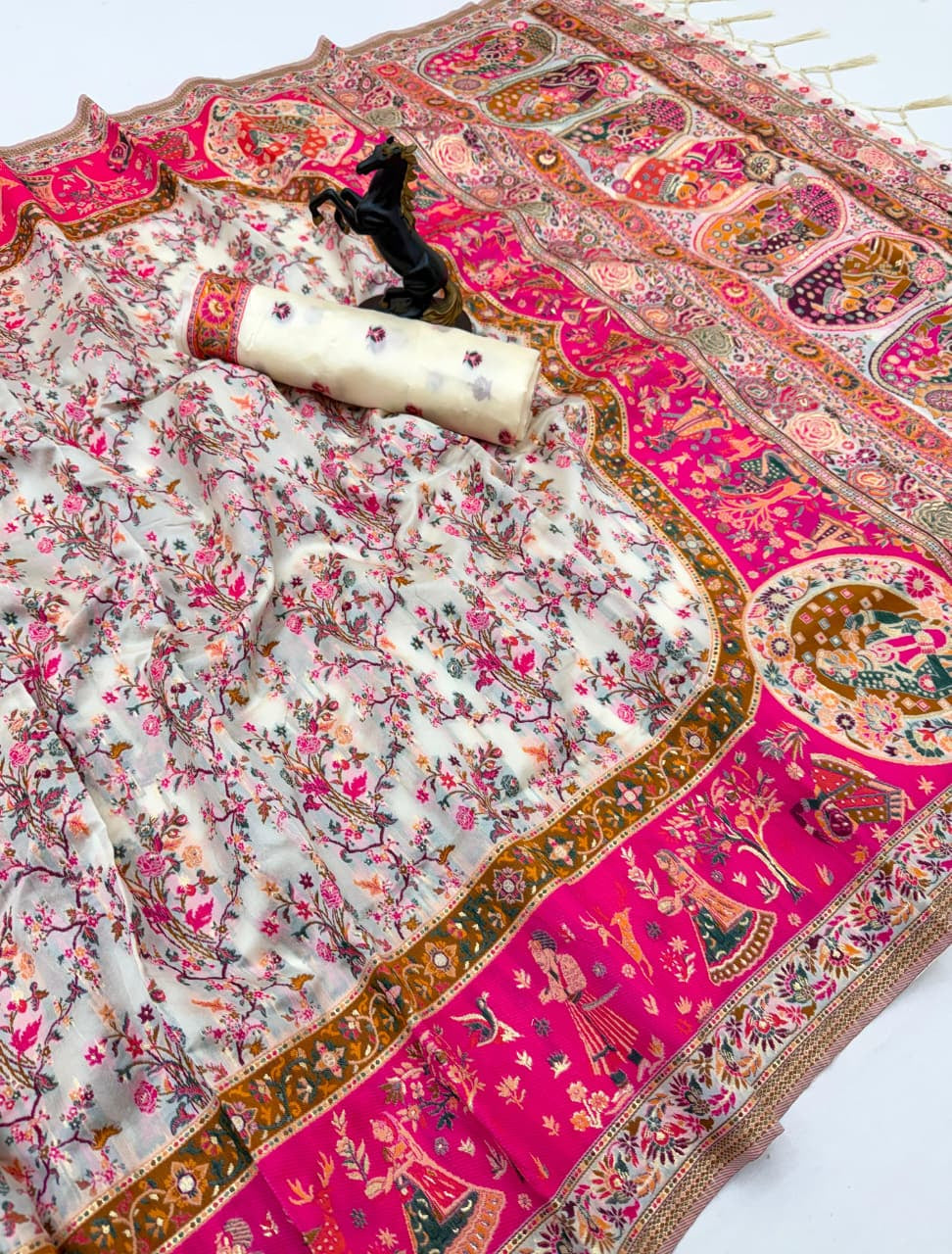 Gulbahar Kalamkari Silk Saree | Ivory & Rani Pink