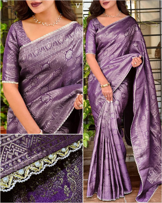 Swara green jacquard silk saree worn with pearl lace border