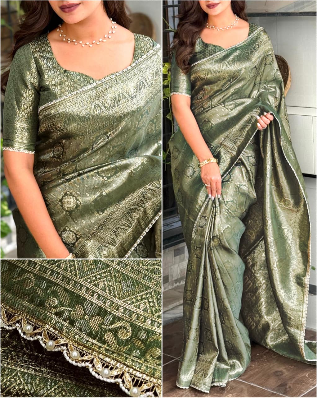 Swara pink jacquard saree laid out with pallu and blouse piece