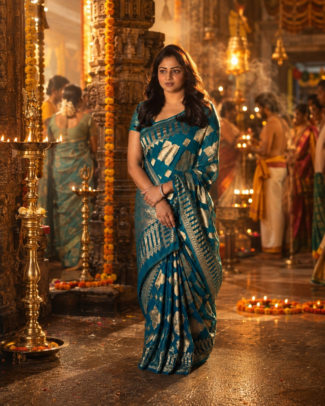 Model wearing the Rachita Mango Soft Silk saree in teal with Pure Banarasi Zari