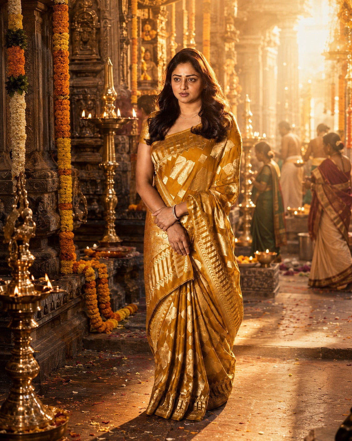 Model wearing the Rachita Mango Soft Silk saree in mustard gold with Pure Banarasi Zari