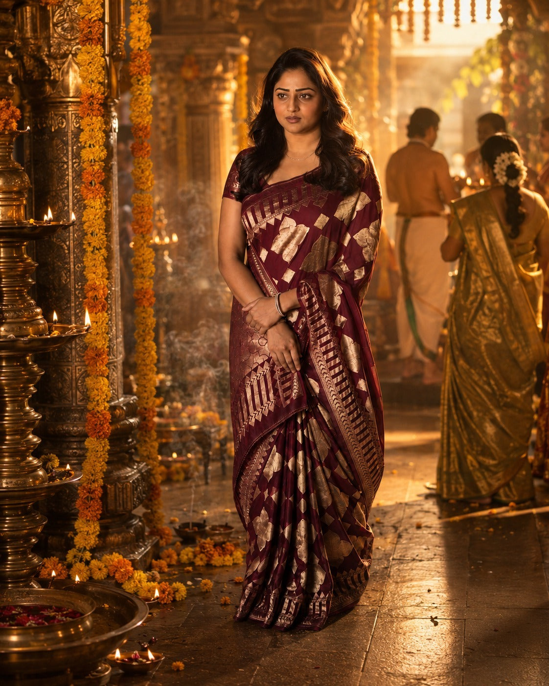 Model wearing the Rachita Mango Soft Silk saree in burgundy with Pure Banarasi Zari