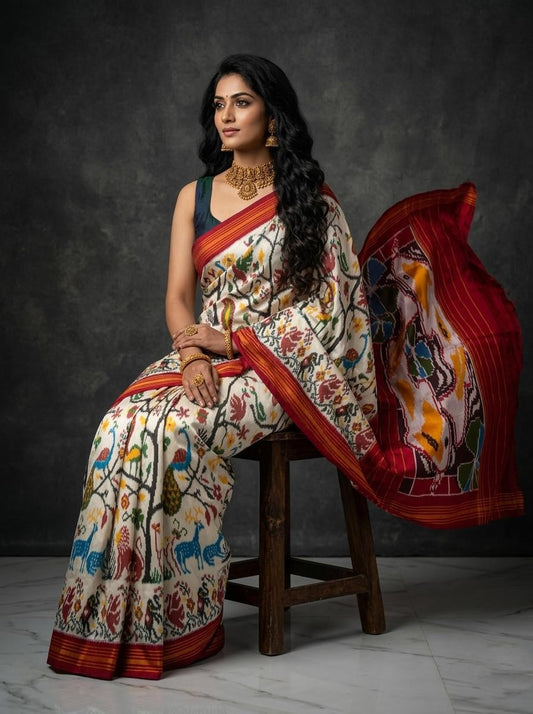 White Barista Soft Silks Saree with Multicolor Artistic Print | Premium Collection