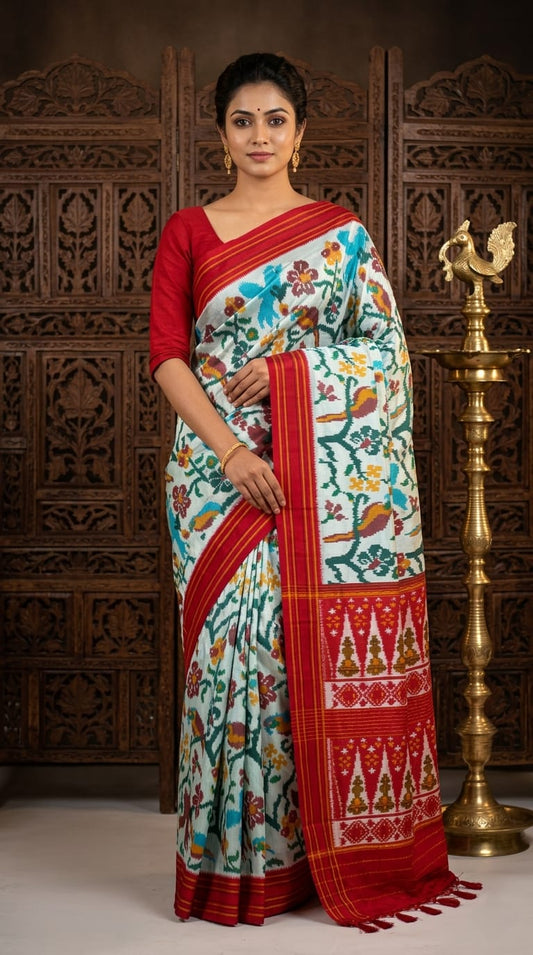 White Barista Soft Silks Saree with Multicolor Floral Designer Print | Premium Collection