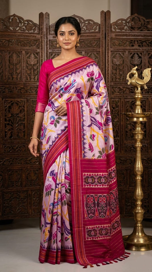 White Barista Soft Silks Saree with Pink Floral Designer Print | Premium Collection