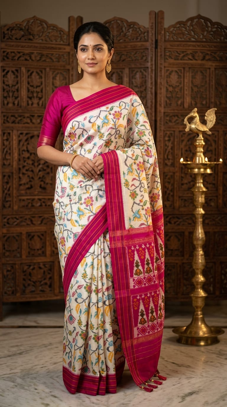 White Barista Soft Silks Saree with Pink Traditional Ikat Border | Premium Collection