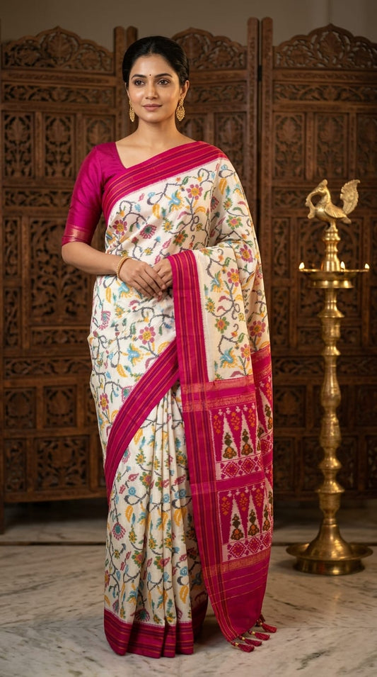 White Barista Soft Silks Saree with Pink Traditional Ikat Border | Premium Collection