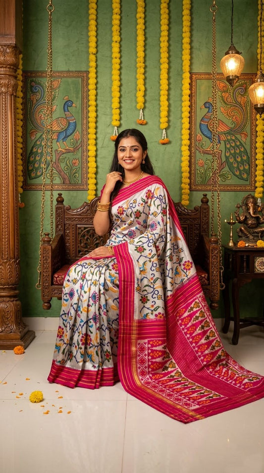 White Barista Soft Silks Saree with Pink Traditional Printed Border | Premium Collection