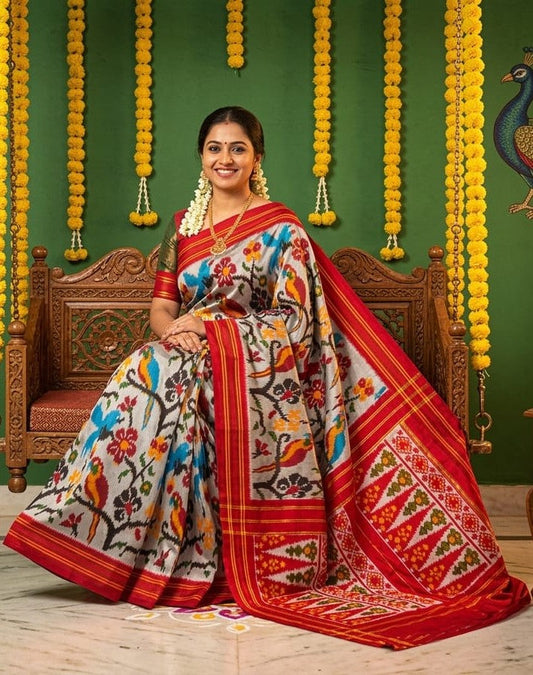 White Barista Soft Silks Saree with Red Multicolor Ethnic Print | Premium Collection