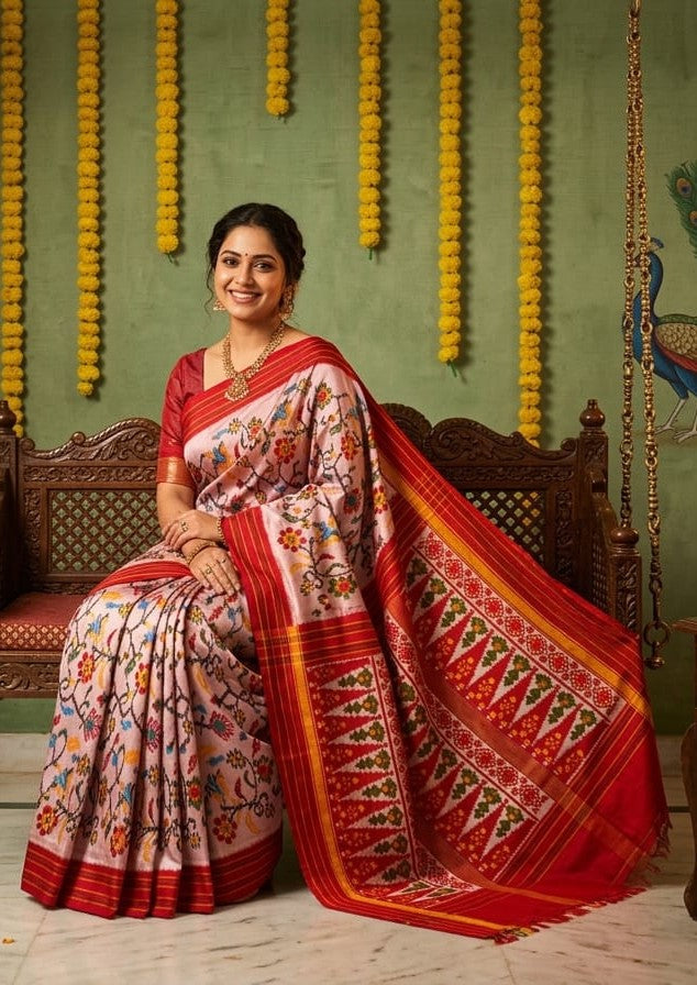 White Barista Soft Silks Saree with Red Rich Ethnic Print | Premium Collection