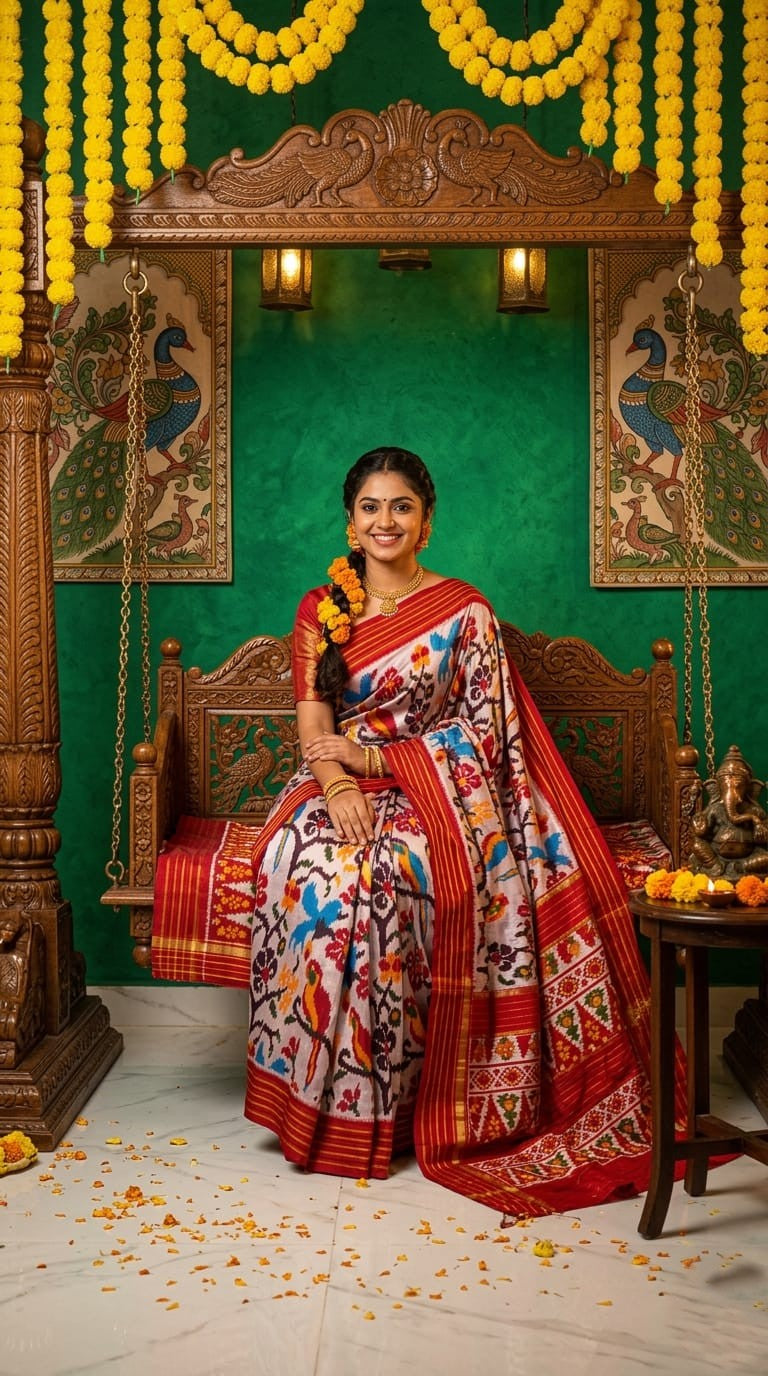 White Barista Soft Silks Saree with Red Traditional Printed Border | Premium Collection