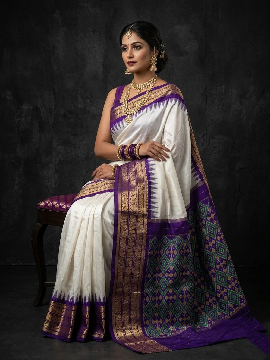 White Handloom Pattu Silk Saree with Purple Royal Designer Pallu | Premium Collection