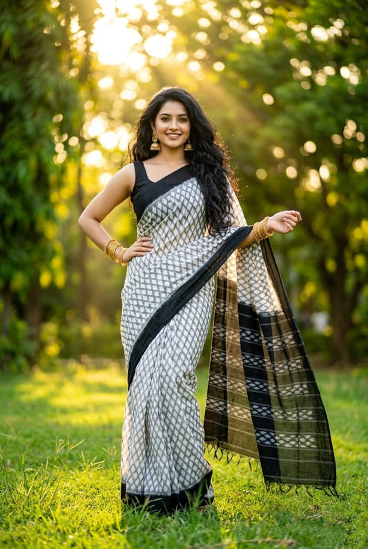 White and Black Buta Linen Saree with Check Border | Modern Handloom Saree | Premium Collection
