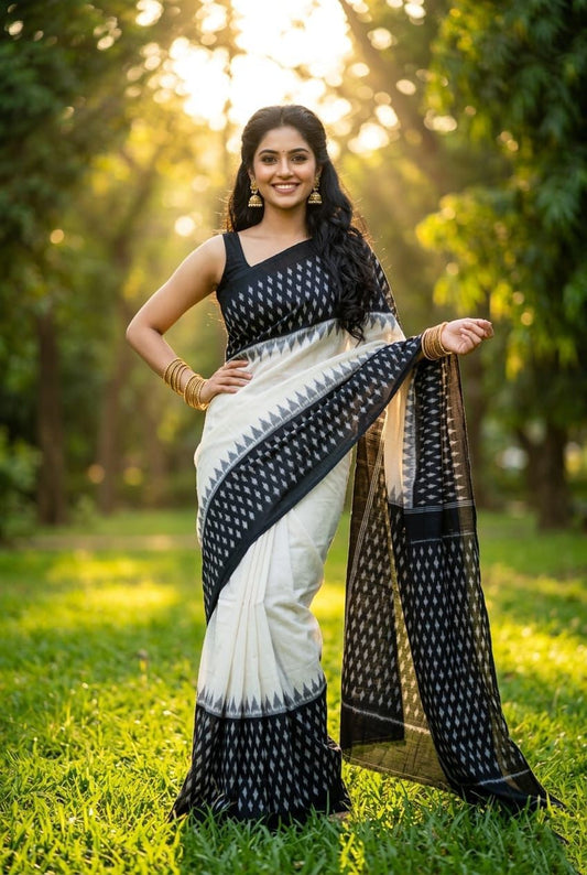 White and Black Checked Linen Saree with Printed Pallu | Contemporary Drape | Premium Collection