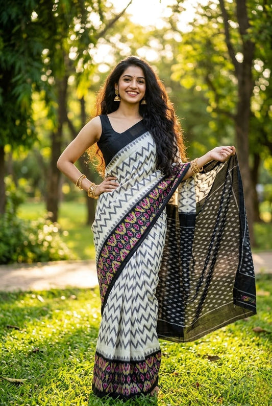 White and Black Ikat Linen Saree with Wine Border | Ethnic Casual Drape | Premium Collection