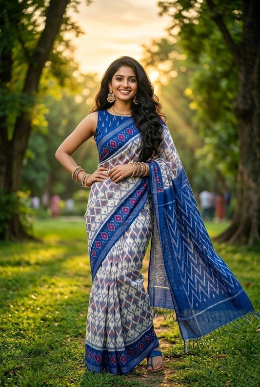 White and Blue Buta Linen Saree with Printed Border | Casual Everyday Drape | Premium Collection