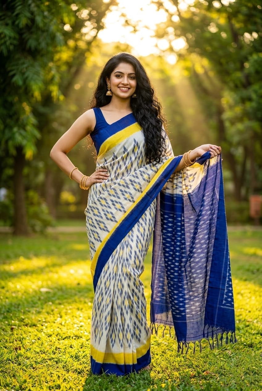 White and Blue Buta Linen Saree with Yellow Border | Vibrant Handloom Drape | Premium Collection