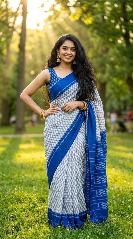 White and Blue Striped Linen Saree with Dark Border | Classic Summer Festive | Premium Collection
