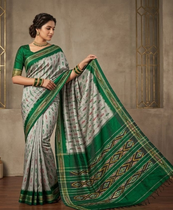 White and Green Barista Soft Silks Saree with Elegant Temple Border | Premium Collection