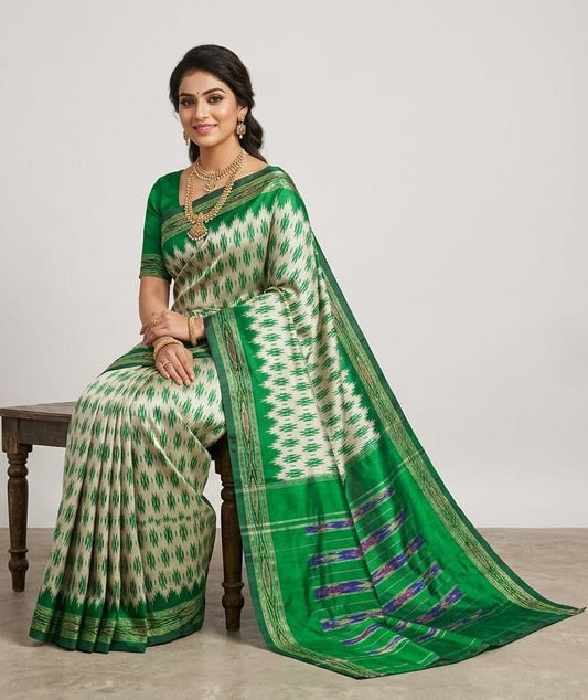 White and Green Barista Soft Silks Saree with Traditional Ethnic Weaving | Premium Collection